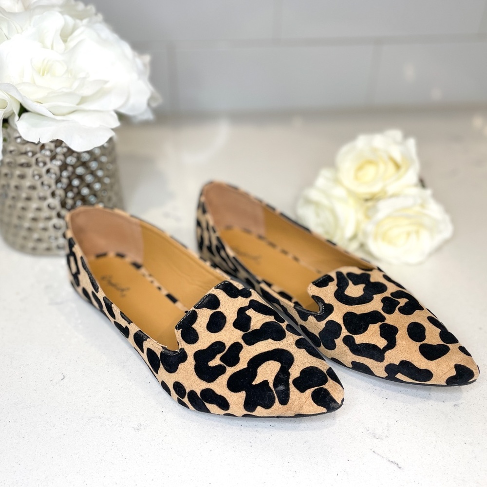 Beige Nude and Raised Black Felt Leopard Pointy Toe Loafer Flats - Size 8